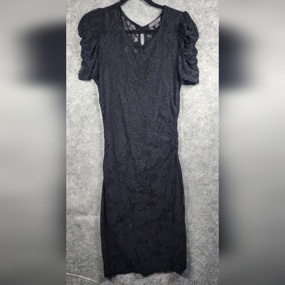 Forever 21 Dresses & Skirts - Forever 21 Black Lace Ruched Short Sleeve Lined Midi Dress Size Large